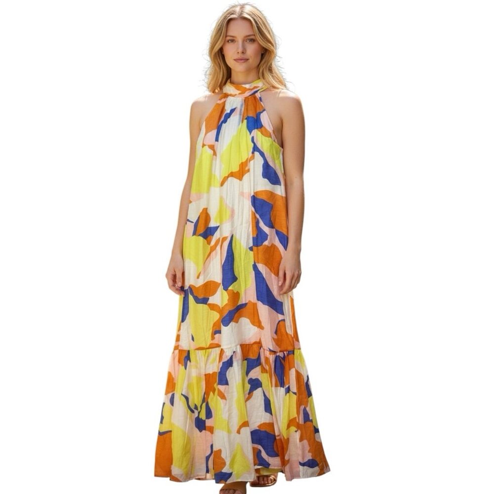 New Cynthia Steffe Halter Maxi Dress Size Medium Multicolor Rayon Blend Boho - Picture 7 of 7